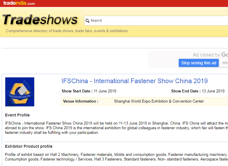 展出面积，IFS China，上海紧固件，中国·上海国际紧固件工业博览会